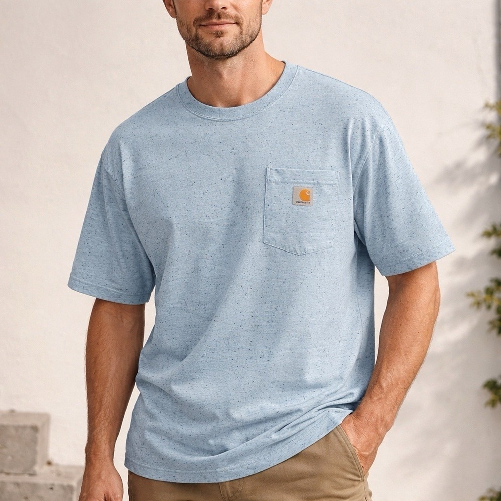 Carhartt Mens XL Light Blue Loose Fit Shirt Logo Pocket Workwear Cotton Blend